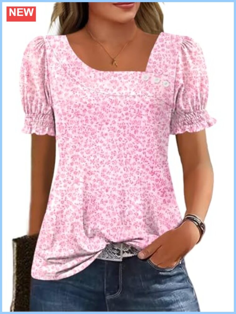 Women's Ruffle Sleeve Tunic Top Square Neck Loose Floral Blouse